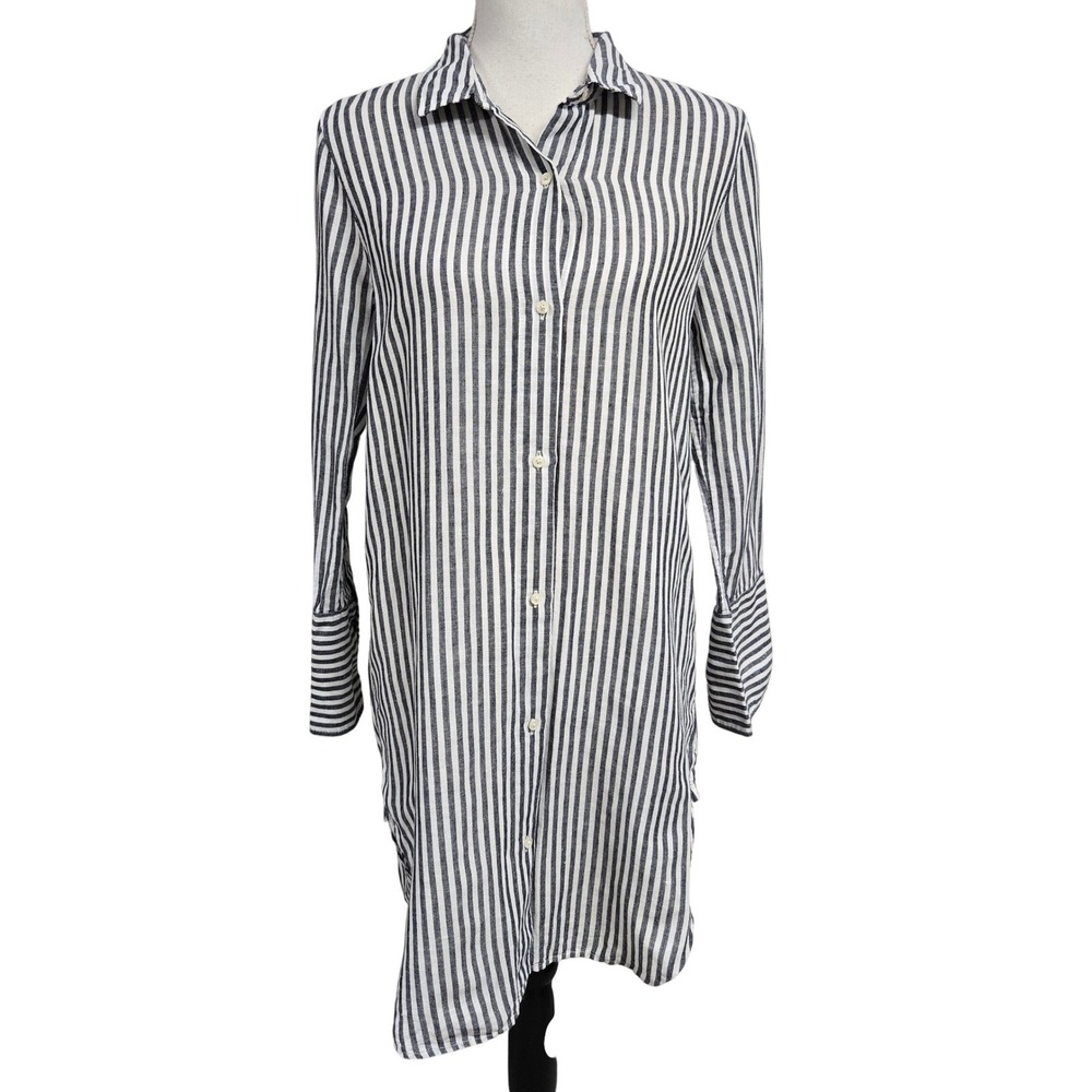 J.Crew Button Down Long Sleeve Shirt Dress Gray White Striped Linen Blend Size S